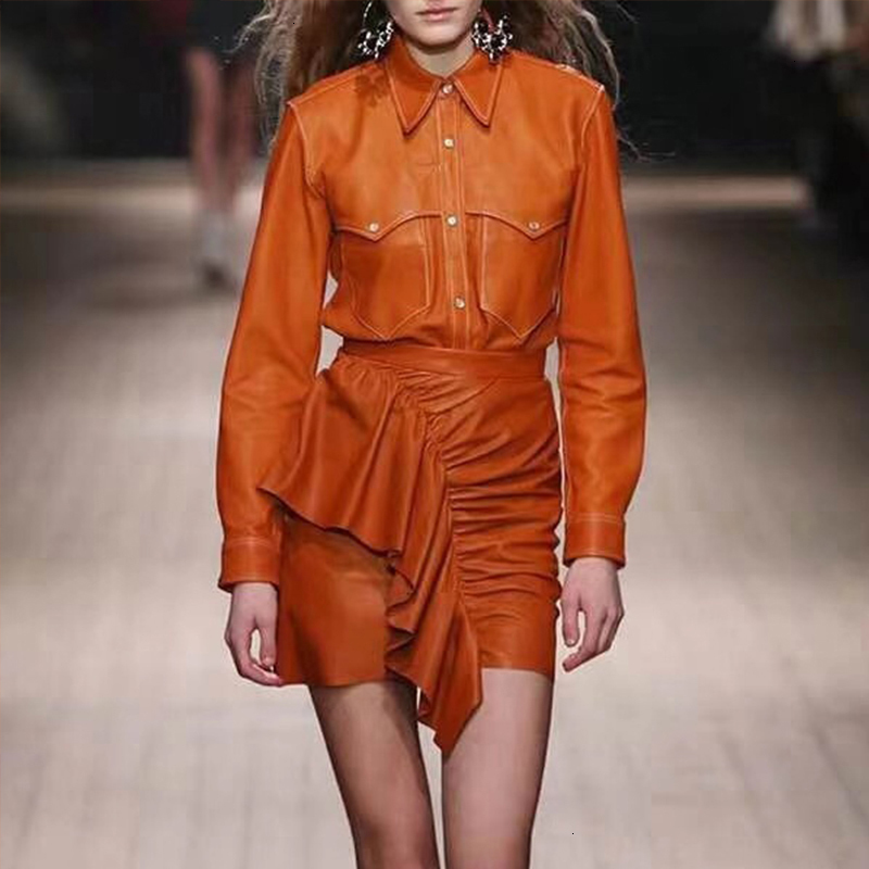 

DEAT 2020 Autumn Winter PU Leather Two Piece Set Women Lapel Collar Jacket High Waist Ruffle Skirt Female Suit 19J-a58, Orange