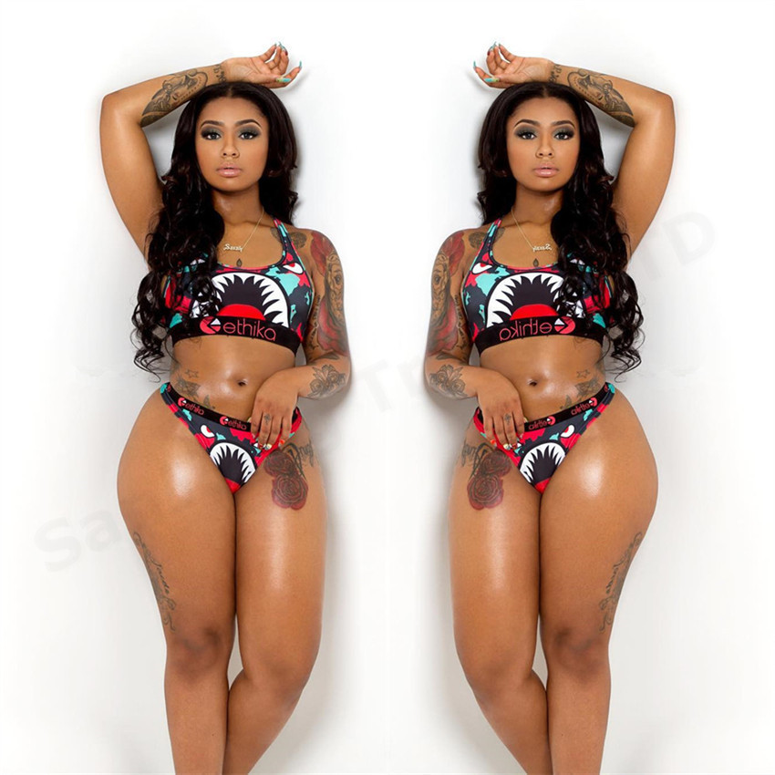 

Women Beach Swimsuit 2 piece Bikini Set Vest Tank Top Bras shorts Swimwear Ladies Tankini Beachwear Shark Camo Bathing Suit 18 Color E22908, White