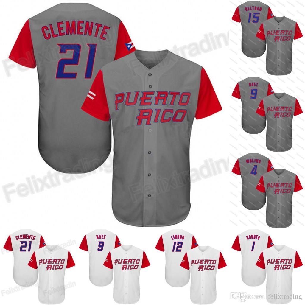 

21 Roberto Clemente 2017 WBC Puerto Rico #12 Franciscolindor 1 Carlos Correa 9 Javier Baez #4 Yadier Molina Carlos Beltran Baseball Jersey, Men grey authentic