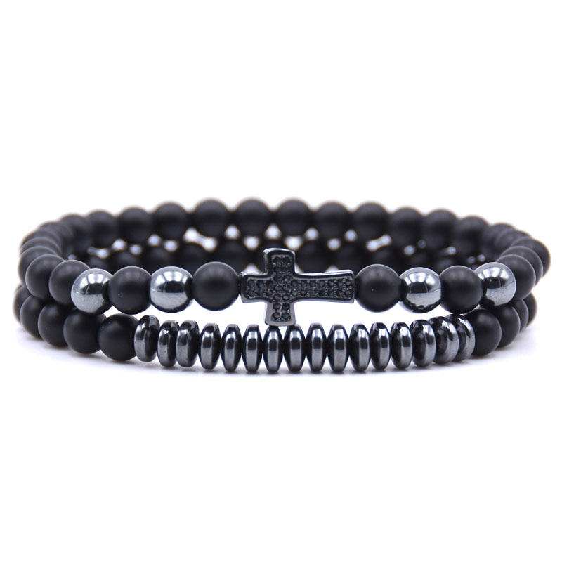 

Fashion Handmade 6MM Natural Black Beads Strands Bracelet High Quality 4 Colors Metal Cross Charm Bracelets 2PCS/Set