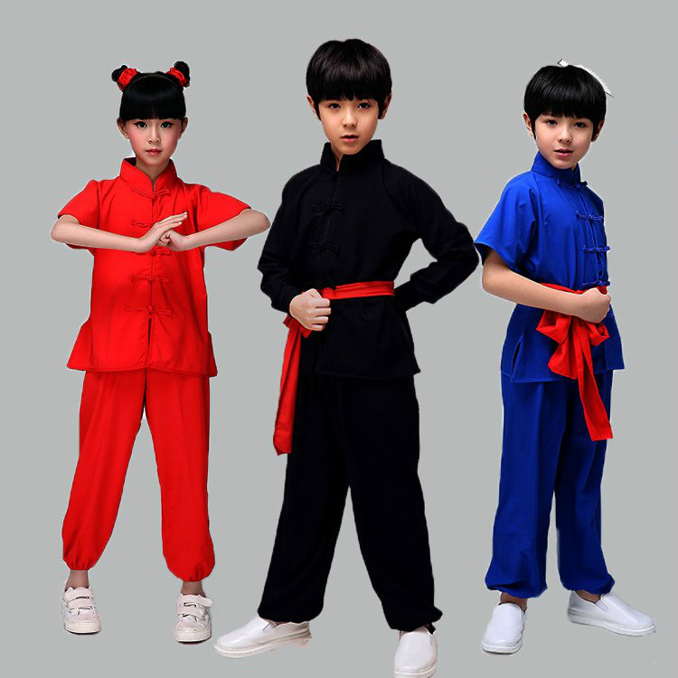 

New Design Children Chinese Kungfu Martial Arts Uniform Boys Girls 3 Color Wushu Costumes Tai Chi Clothes Set, Black short sleeve