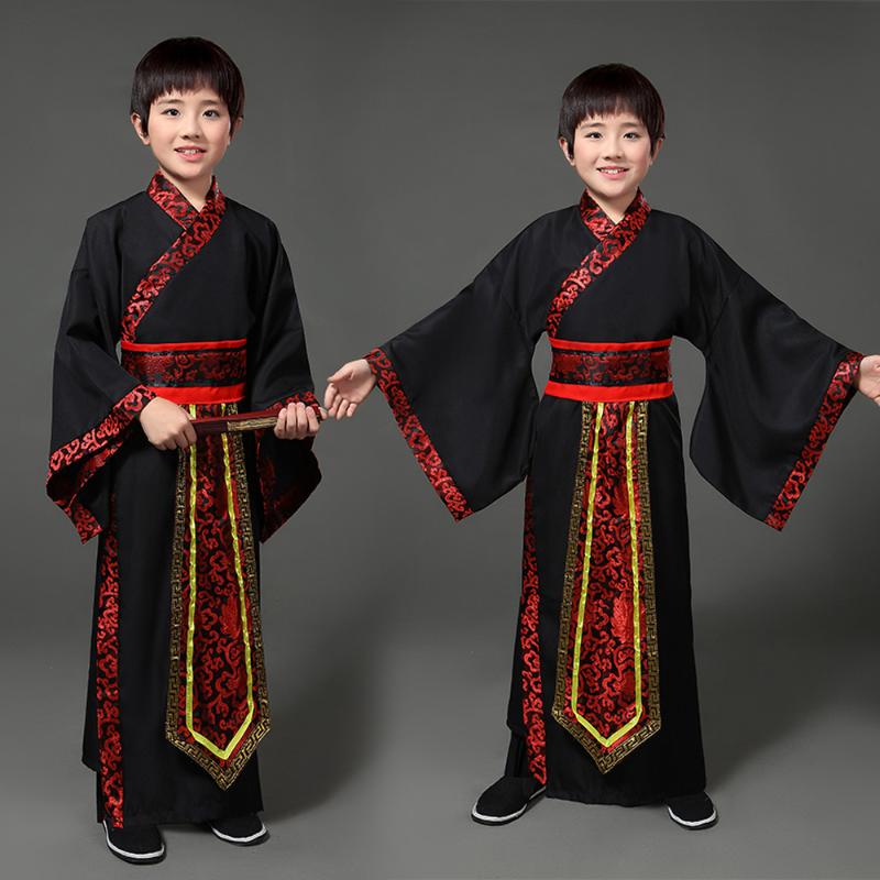 

Children's Performance Outfit Black Boys Stage Ancient Costume Hanfu Kids Satin Boys Chinese Robe Traditional Dress, White swordsman