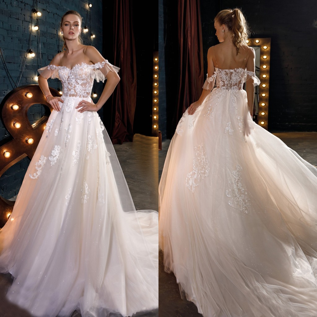 

2020 Wedding Dresses Off Shoulder Lace Appliques Sequins Bridal Gowns Custom Made Backless Sweep Train A Line Wedding Dress, Black