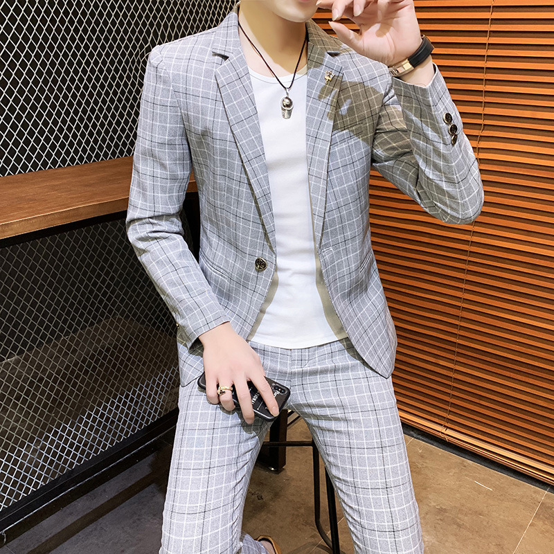 

2020 suit men's Korean slim spring and autumn small suit professional formal fashion two piece check set, Black