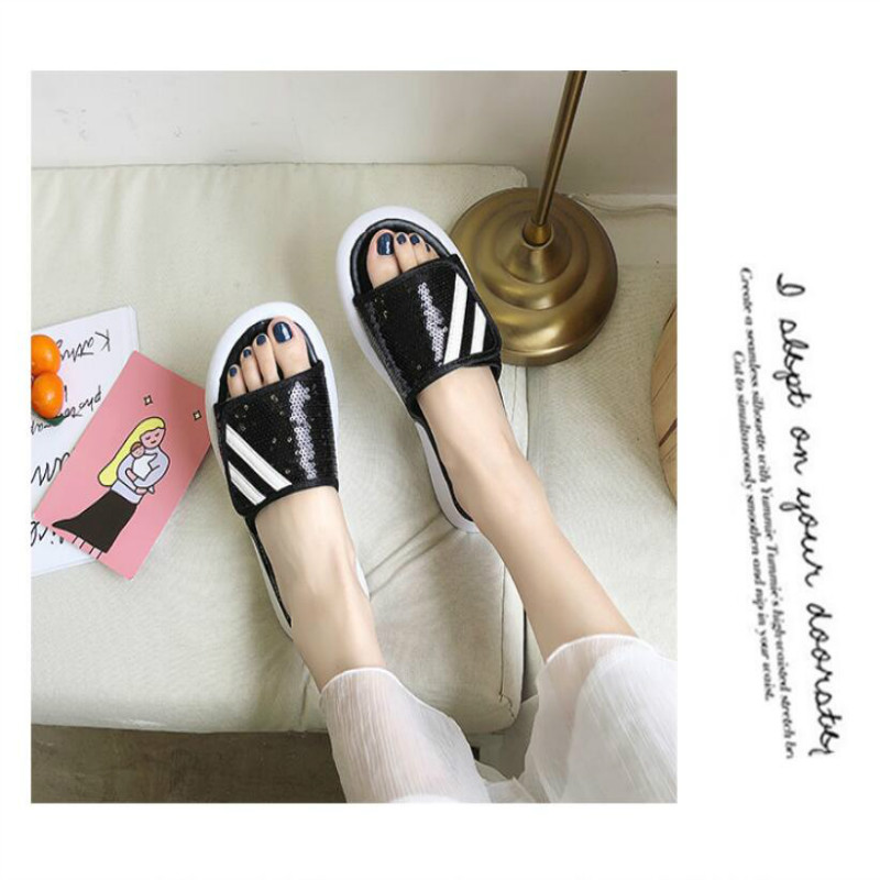 

Sandals and slippers female summer wear 2019 new wild Dark Grey sequins slippers female students casual beach shoes, Red