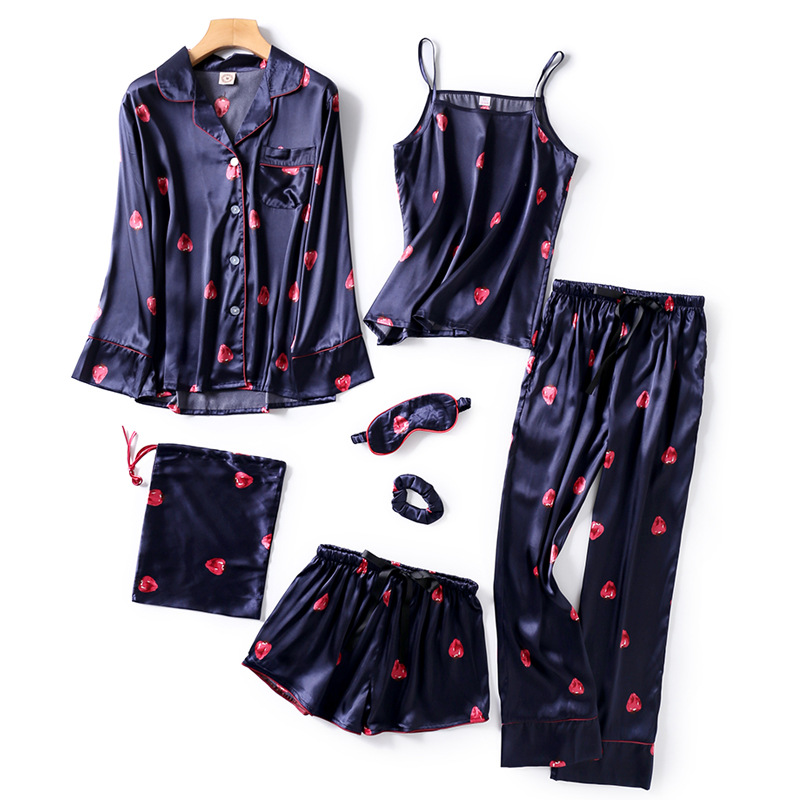 

Youhottest Women 7pieces Strawberry Shorts Lounge Silk Pajamas Sets, Blue