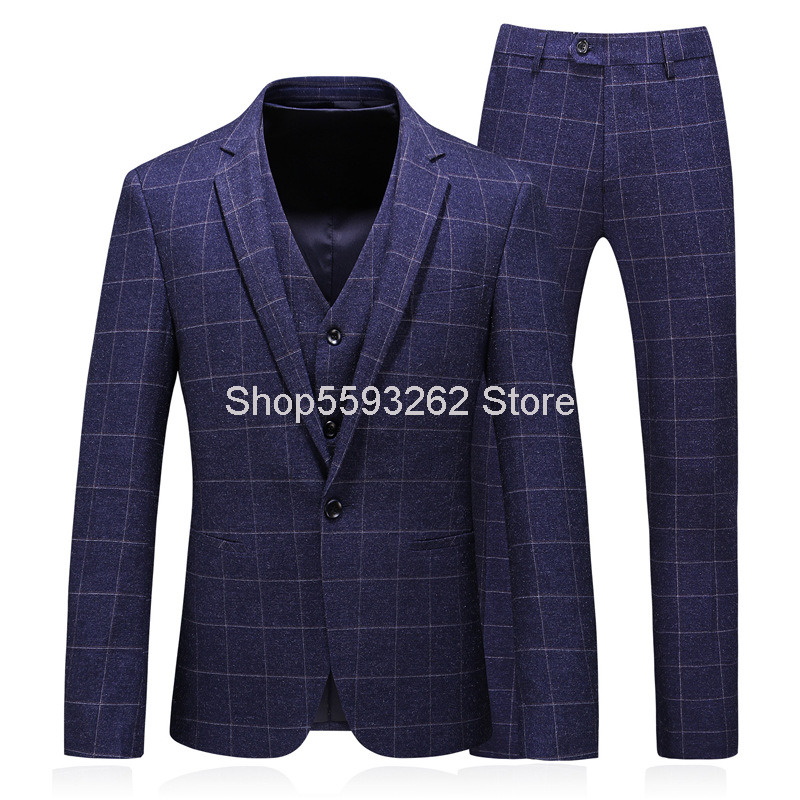 

Suit Men Grid Suit Three-piece Set Dress Groom Dress 8658, Dark blue