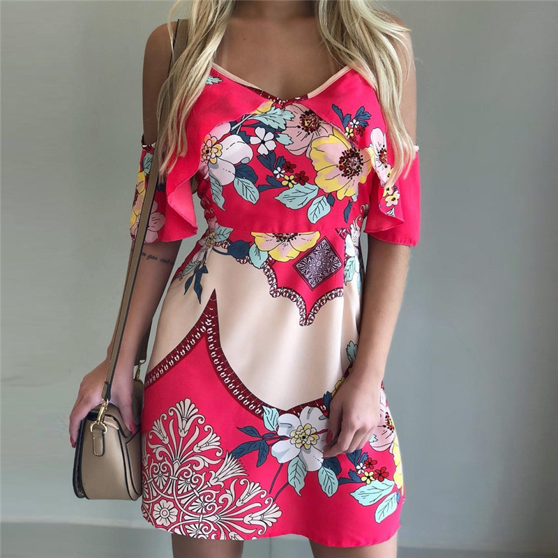 

Summer Dress Women Summer Sexy Maxi Bohe Off Shoulder Print Strappy Flare Short Mini Dress Fashion New V-Neck, Blue