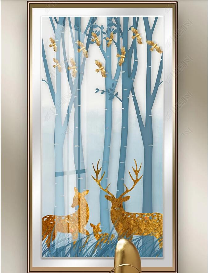 

3d wallpaper custom photo Nordic hand-painted forest golden elk woods flying bird porch background wall painting wall paper for walls 3 d, Sky blue