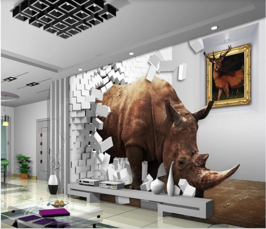 

3D room wallpaper wall sticker custom photo Rhino 3d creative brick wall space decoration TV background wall murals wallpaper for walls 3 d, Non-woven