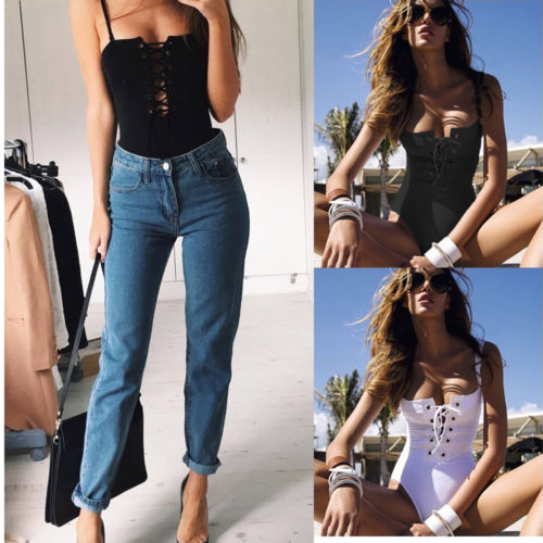 

2020 Black White Sexy lace up one piece swimwear swimsuit bathing suit for women hollow out monokini bodysuit maillot de bain