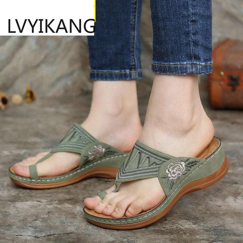

2020 Summer Sandals Women Fashion Embroidered Flat Sandals Ladies Casual Gladiator Women Flip Flops Woman Slippers, Blue