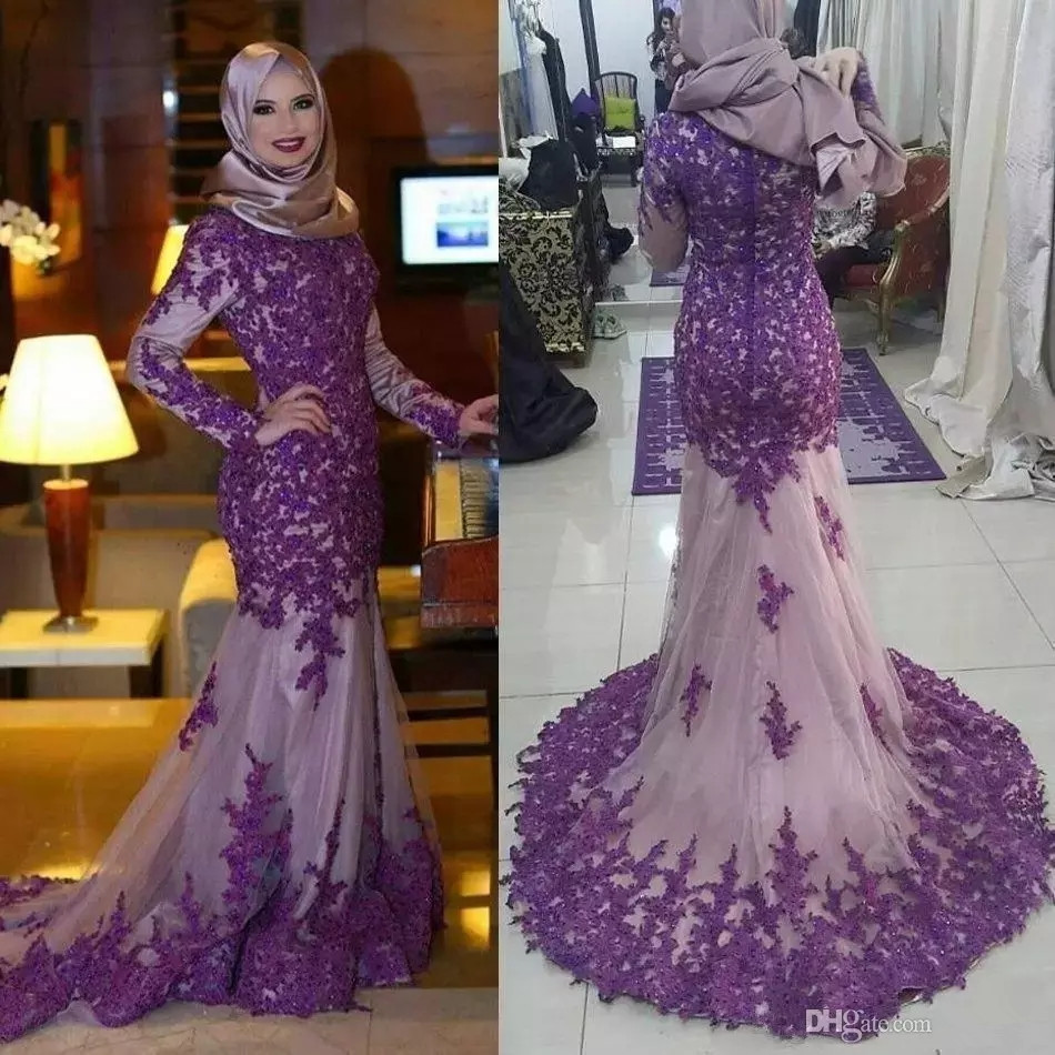 Robe de soirée musulmane modeste à manches longues 2021 Cour de haut pied Train de la Mermaid Court Violet Dentelle et Wisteria Tulle Élégantes R