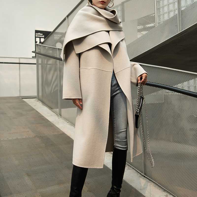 

Women Trench Nordic Wool Cashmere Double-faced Wool cashmere silhouette side slit Long Coat, Black