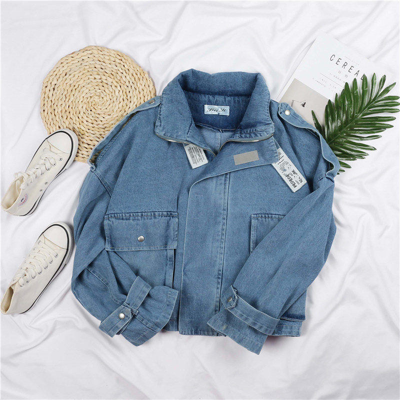 

Vintage Short Denim Jacket Women Plus size Loose Jean Coat Women 2019 Spring Autumn Korean Casual Long sleeve Jeans Jacket Femme, Blue