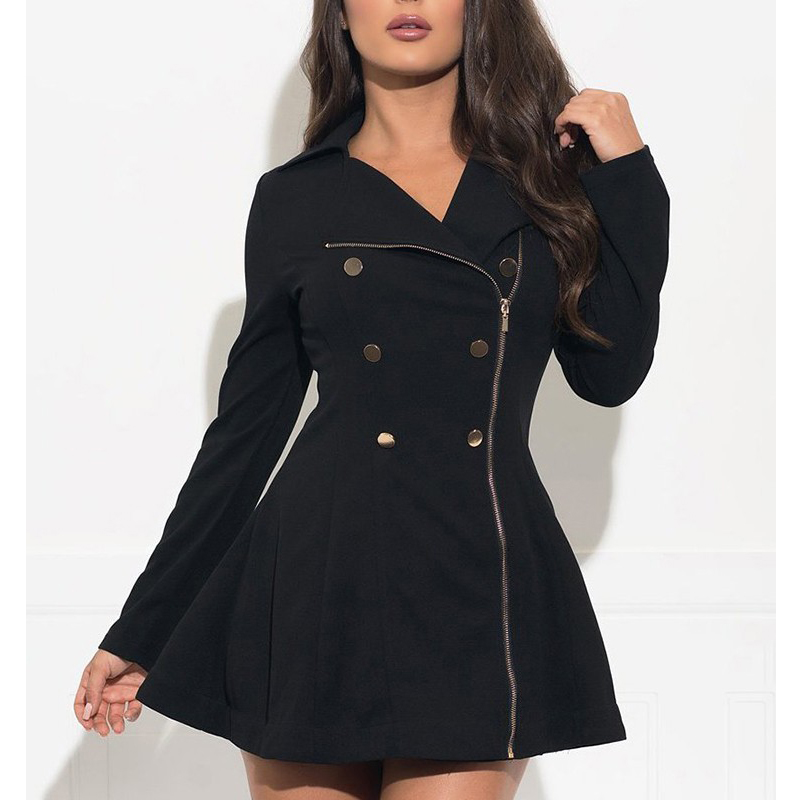 Manteau noir à manches longues pour femme, coupe cintrée, double boutonnage, trench-coat sur haut trapèze, bureau, pois