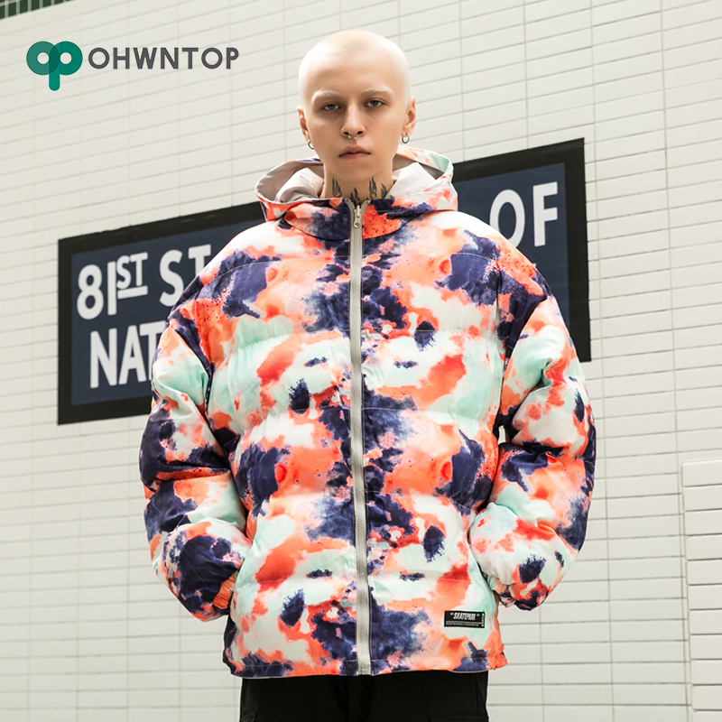 

Winter Hip Hop Graffiti Ink Tie Dye Jacket Men Double-sided Wear Parka Thick Windbreaker Streetwear Cotton Padded Parkas Coats, Black