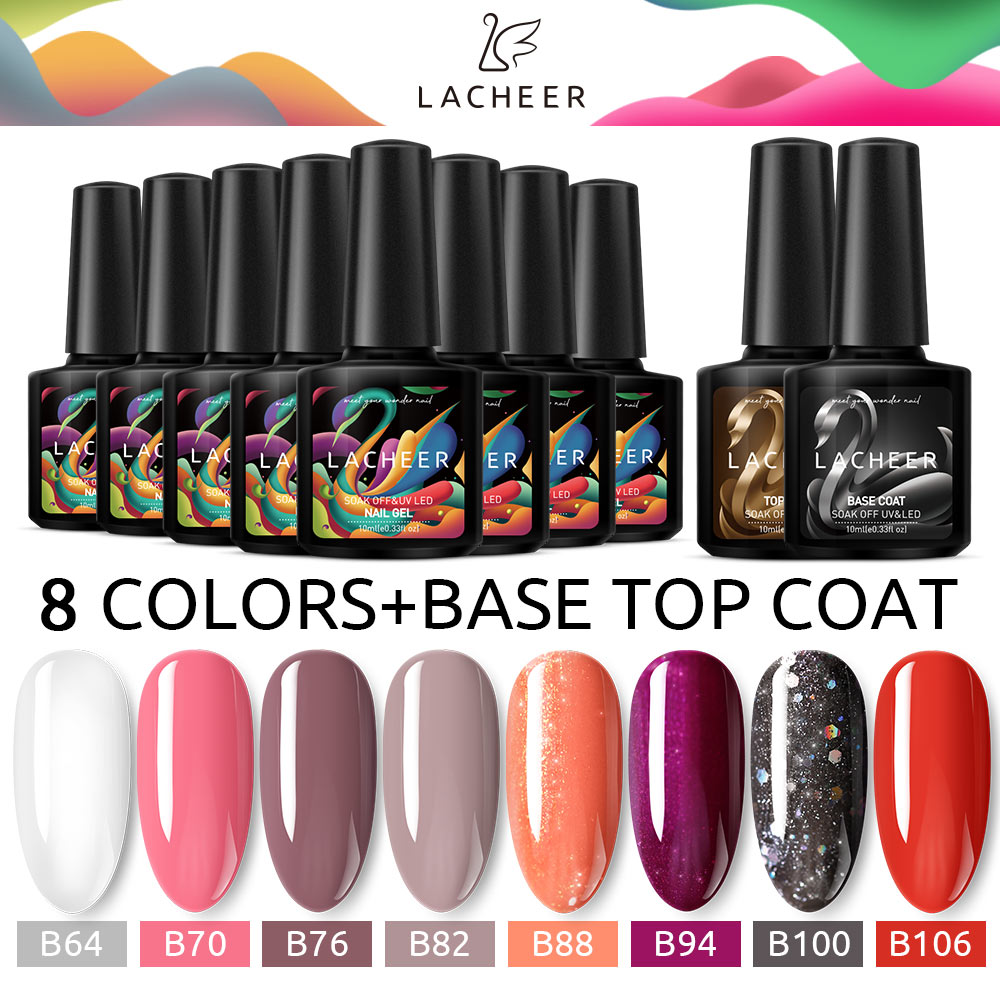 

Lacheer 10PCS/LOT Nail Gel Polish 10ML Nail Art Manicure Shiny Color Gel Soak Off UV/LED Long Lasting With Base Top Coat Kit, 8pcs kit1