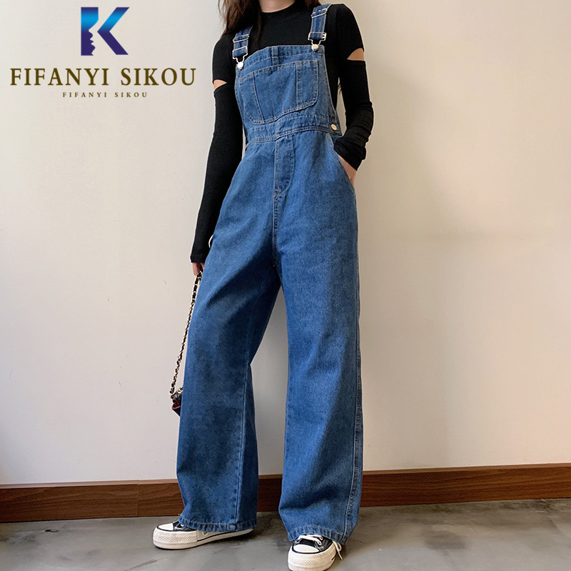 

Denim Overalls Women High Waist Rompers Casual Jeans Suspenders Wide leg Long Trousers Female Loose Plus Size Denim Jumpsuit, Blue