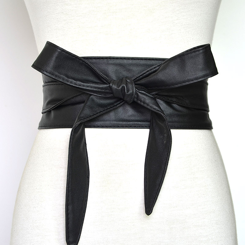 

New wide Pu Leather Obi Corset belt ladies fashion versatile decorative ribbon bow tie waist seal custom belts for women, Black
