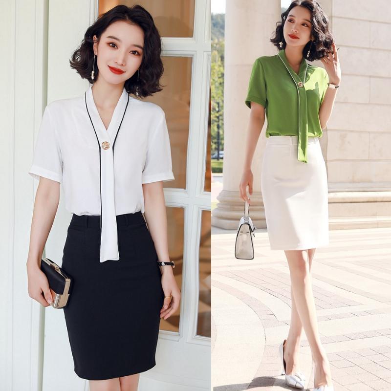

Summer Fashion Women Blouses White Short Sleeve Shirts Office Ladies 2 Piece Pant / Skirt and Tops Sets, Blouse only