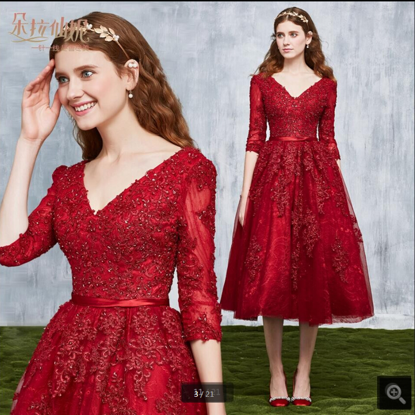 

2019 gorgeous cheap short a line red lace prom dress tea length 3/4 sleeve modest corset/lace up with sashes prom gowns best selling, Chocolate