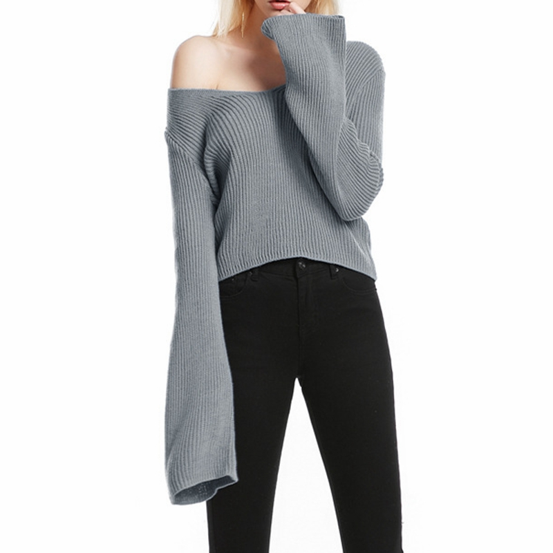 

Streetwear Fashion Women' Horn Sleeve Pullovers Sweater Sexy V-neck Knitted Gray Color Loose Short Tops For Women Yalabovso