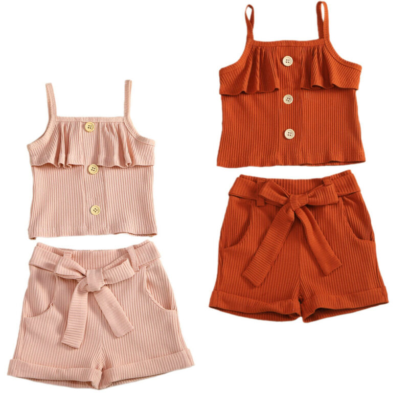 

Newborn Toddler Kids Baby Girls Summer Clothes Knitted Tops Vest + Bowknot Shorts Pants Striped Solid Color Outfits Set 1-5Y, Red