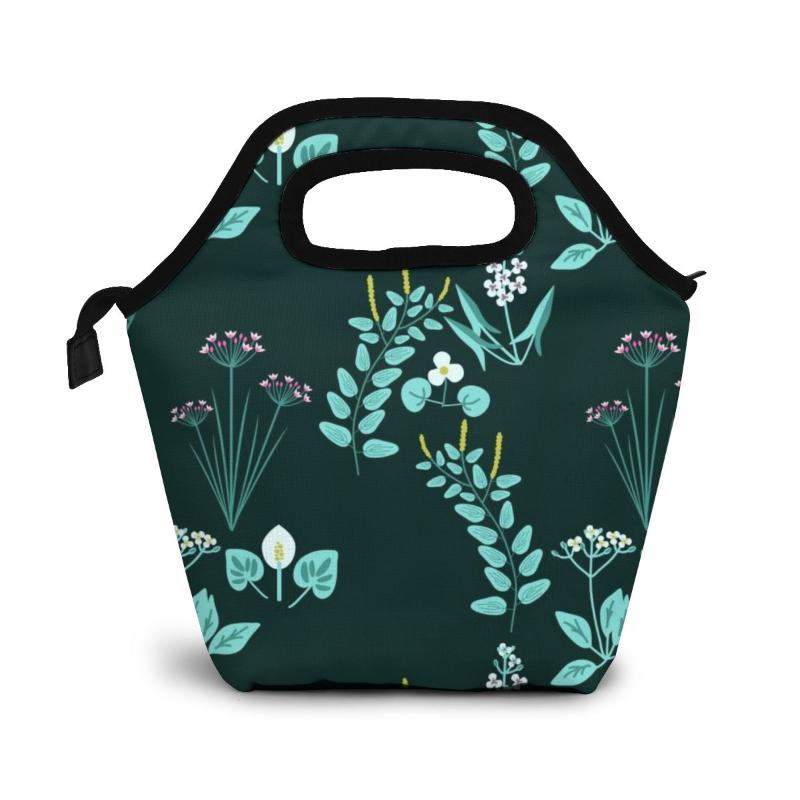 

Water Plants Patterns Lunch Bag Boxes Bags Portable Insulated Picnic Box for Women Men, Black