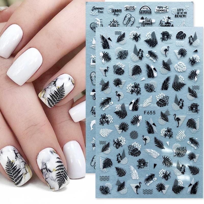 

Black White Stereo 5d Nail Stickers Floral Letter Nail Sticker Art Adhesive Decals Geometry Hollow Designs Decor, 16