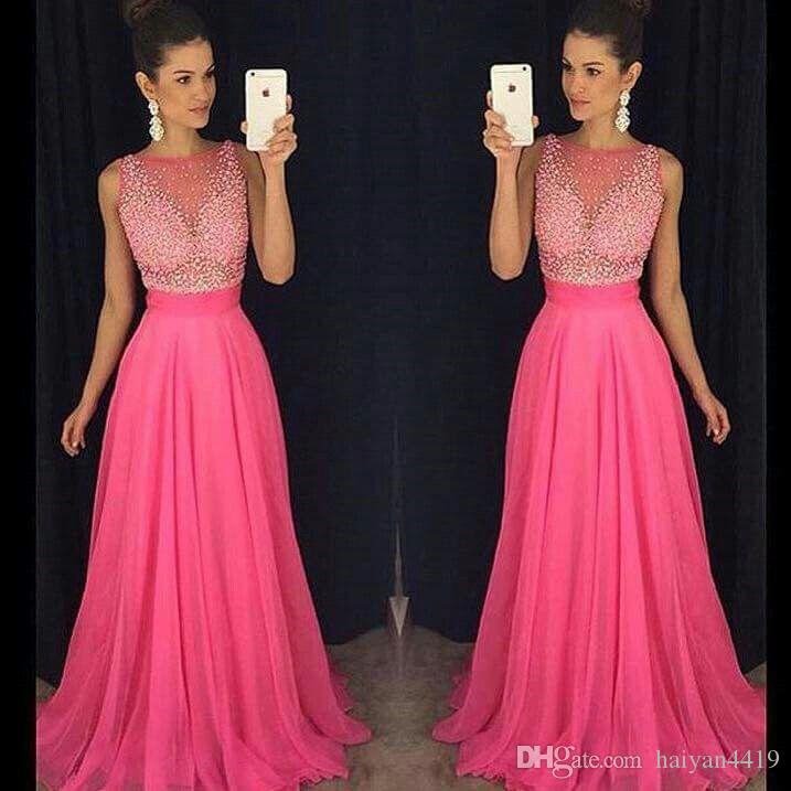 

Sleeveless Bateau Neckline Fuchsia Chiffon Prom Dresses with Beaded Illusion Bodice Light Weight Long Prom Gowns with Brush Train, Purple