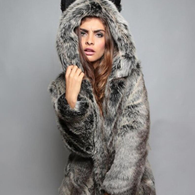 

2019 New Women' Fur Autumn Winter Europe United States Trench Coat Hooded Faux Fur Jacket Mid-Long Coat Windbreaker C99, Beige