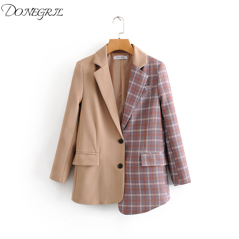 

2020 New Patchwork Plaid Elegant women Blazer Oversize Chic Plaid Asymmetry Jacket Single Breasted Office Lady Work Coat Outwear, Khaki