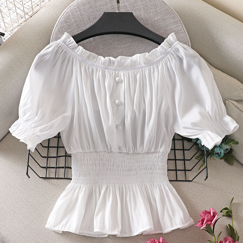 

2020 New Spring Summer Elegant Slash Neck Short Puff Sleeve Cotton Blouse Female Fashion Solid Color Office Ladies Shirt X123, Black