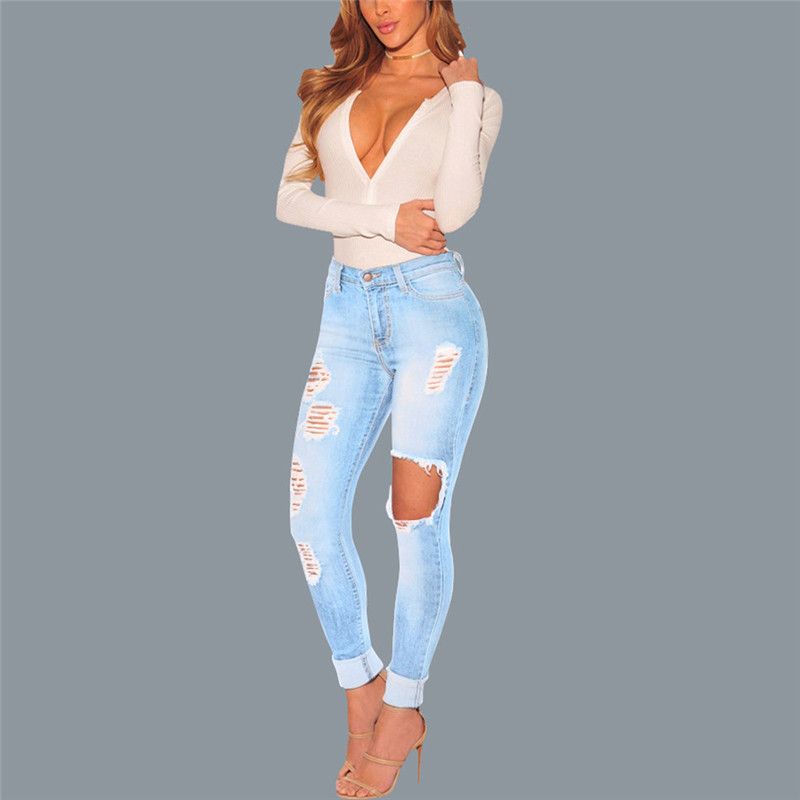 

Jeans Boyfriends Women Streetwear High Waist Stretch Hose Button Jeans Leggings Casual Skinny Slim Hollow Pants Trousers E23, Blue