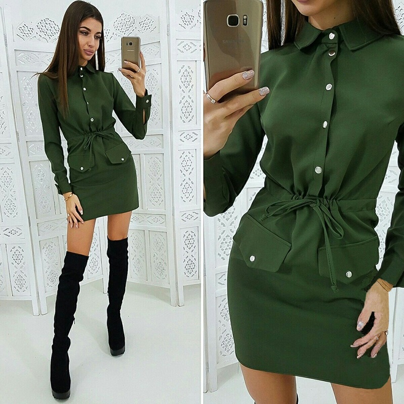 

Women Casual Button Solid Sashes Dress Long Sleeve Turn-Down Collar Mini Dress 2020 Spring Fashion Vintage Elegant Sheath, Black