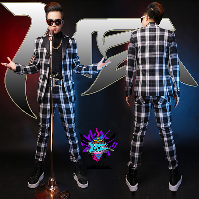

Men New Custom Made Bar Nightclub Outfit Male Singer DJGD Trendy Stretch Plaid Stripes Blazer Suit Costume Set (Blazer+Pants, As pic