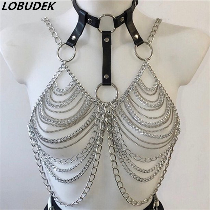 

European Nightclub DJ Women Singer Stage Wear PU Leather Metal Chain Tops Accessories Bar Club Party Nightclub Dancer Costume, As pic