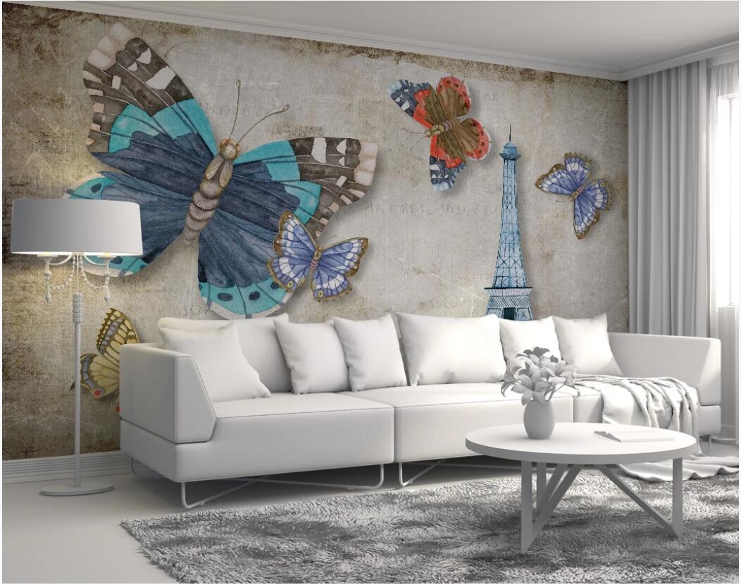 

3d wallpaper custom photo mural Modern retro butterfly painting on the background wall of Paris tower wallpaper for walls 3 d, Non-woven