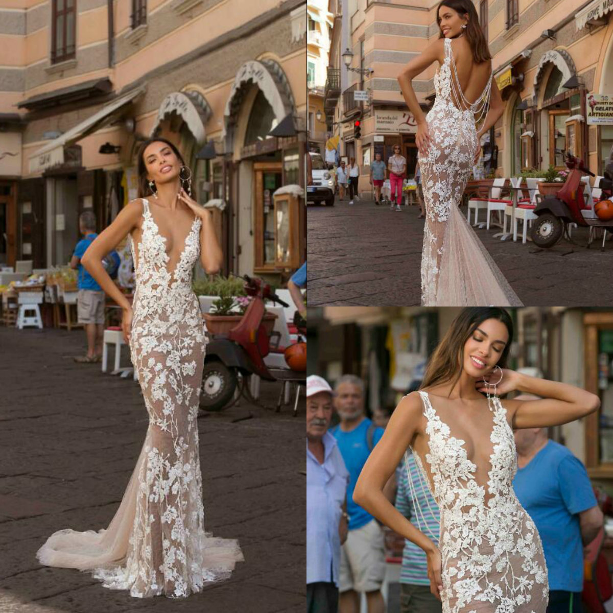 

Champagne Berta Mermaid Wedding Dresses Lace Appliques Deep V Neck Sexy Backless Wedding Dress Bridal Gowns Sweep Train Robes De Mariée, Green