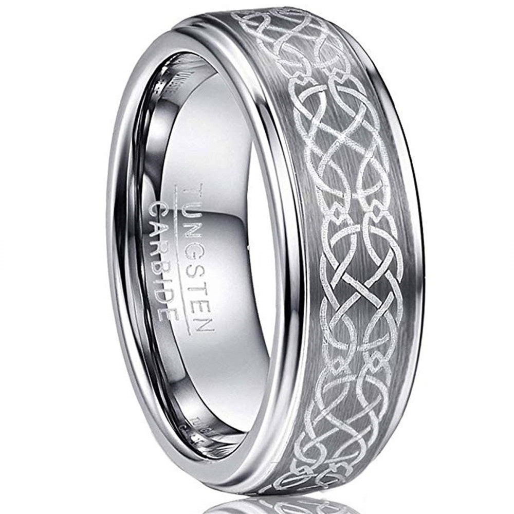 

Men's 8mm Laser Celtic Knot Brushed Tungsten Carbide Wedding Band Rings Polished Step Edge Size 6-13