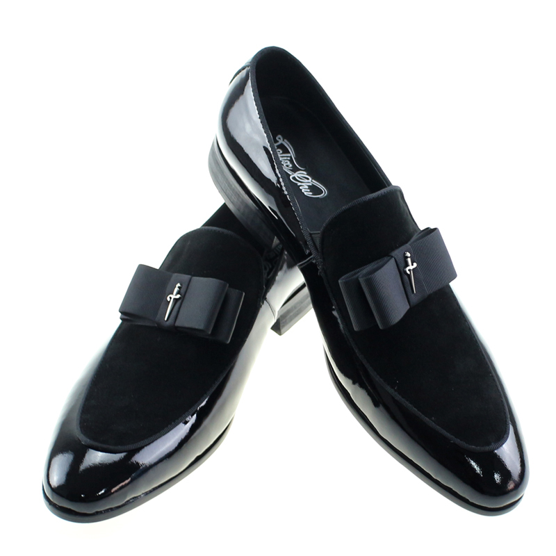 

Genuine Patent Leather And Nubuck Leather Patchwork With Bow Tie Men Wedding Black Dress Shoes Men's Banquet Loafers