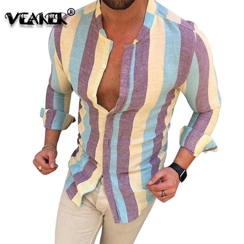 

Men' Casual Shirts Linen Stripe Men Baggy Cotton Shirt 2021 Sexy Male Collarless Flax Slim Fit Plus Size Camisa Rainbow Tops, Yellow