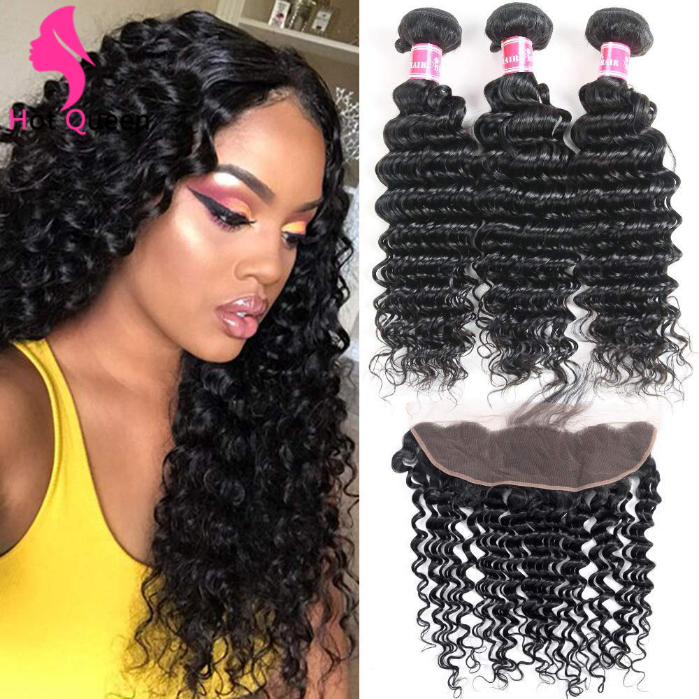 

Peruvian Deep Wave 3 Bundles with Frontal Closure 9A Ear to Ear Lace Frontal Closure with Bundles Bouncy Curls Brazilian Virgin Human Hairs, Natural color