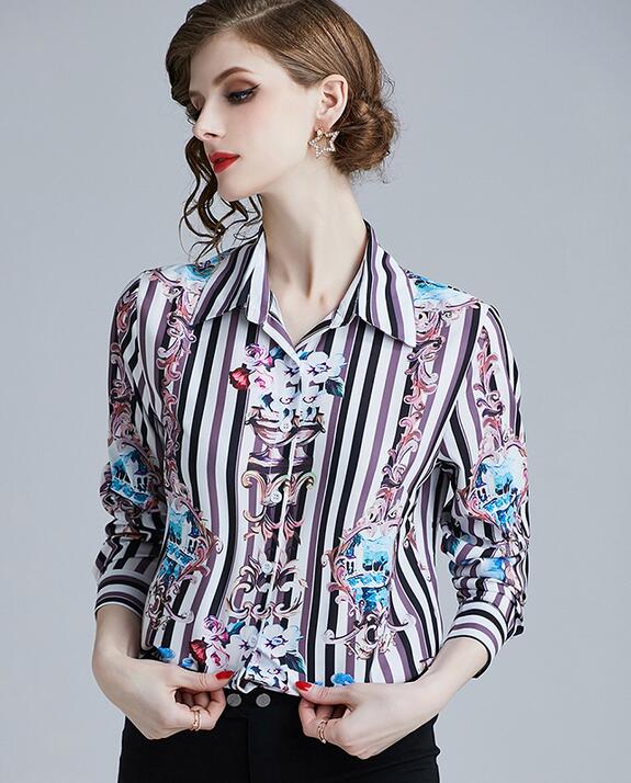 

Vertical strip Flora printing Long Sleeve blouses OL style shirts lapel neck women shirts spring fashion Single-breast Detail ladies blouses, Multi