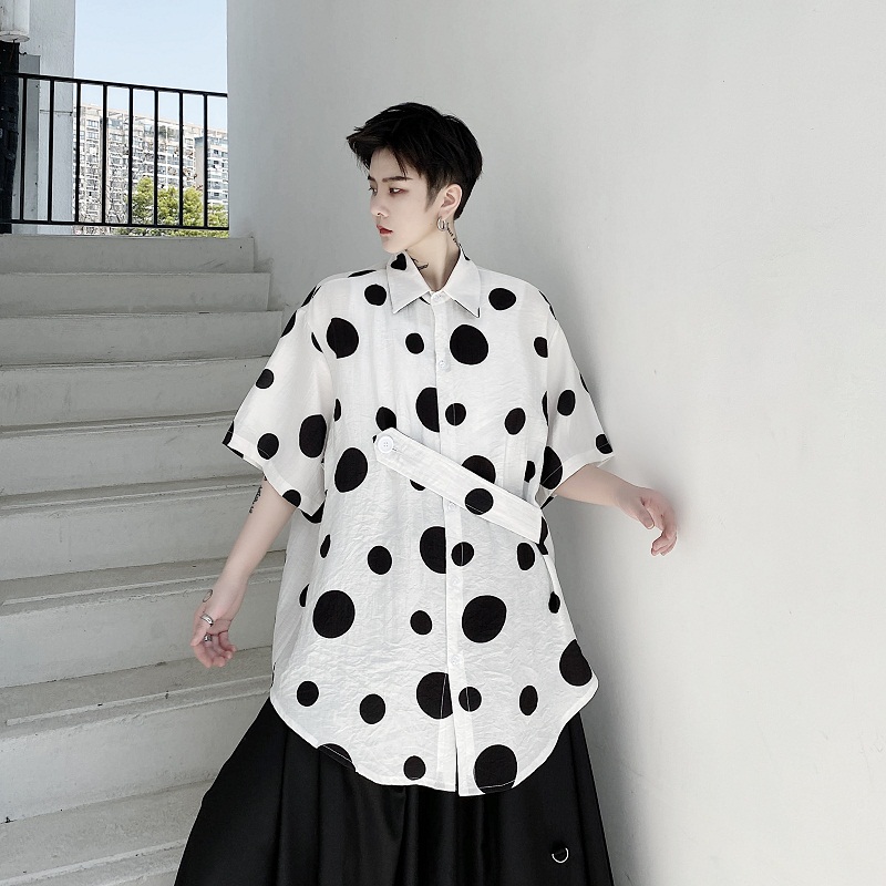 

Men summer dot printed cotton & linen oversize shirt fashion Korean short sleeve shirts man vintage casual breathable blouse, Black