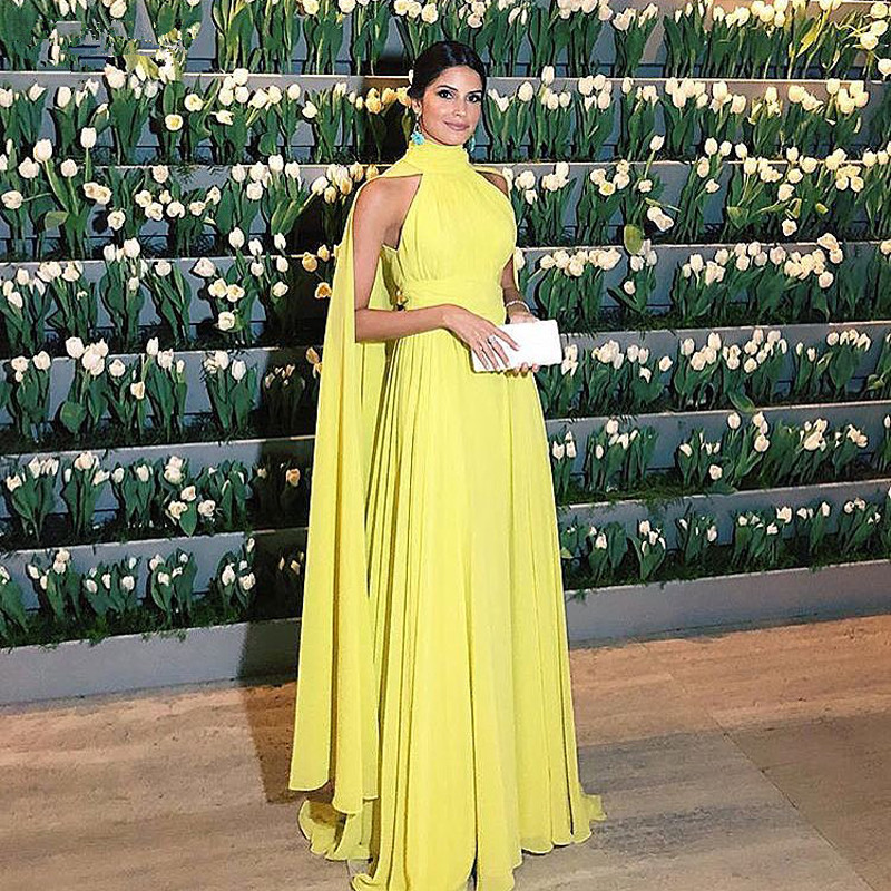 

2019 Long Yellow Evening Dresses Sleeveless Elegant Chiffon Formal Party Gowns Vestidos De Festa High Neck Caftan Prom Dresses, Red
