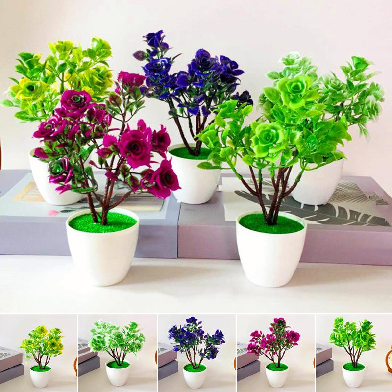 

1pc Artificial Potted Plant Fake Flowers Chinese Rose Ornaments Home Room Decoration Simulation Bonsai Decor, White