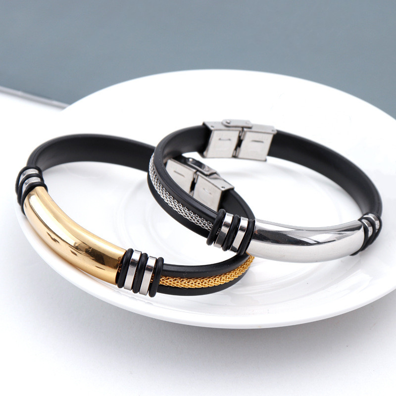 

Silver/Gold Color Blank Bar Stainless Steel Men Wrist Band Grooved Rudder Mesh Link Insert Punk Wristband Stylish Casual Bangle