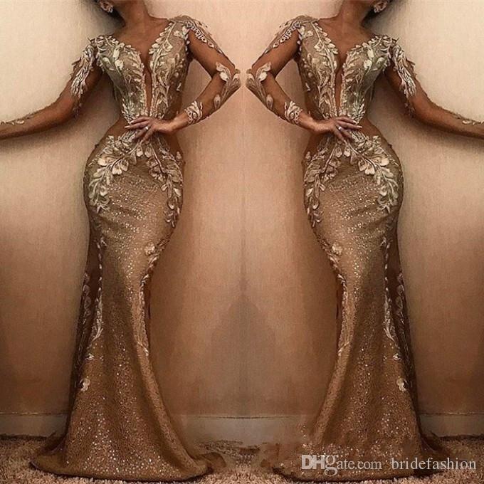 

Gold Sequined Evening Dresses Plunging Neck Appliqued Long Sleeve Mermaid Prom Dress Sweep Train Plus Size Formal Gowns, Dark red